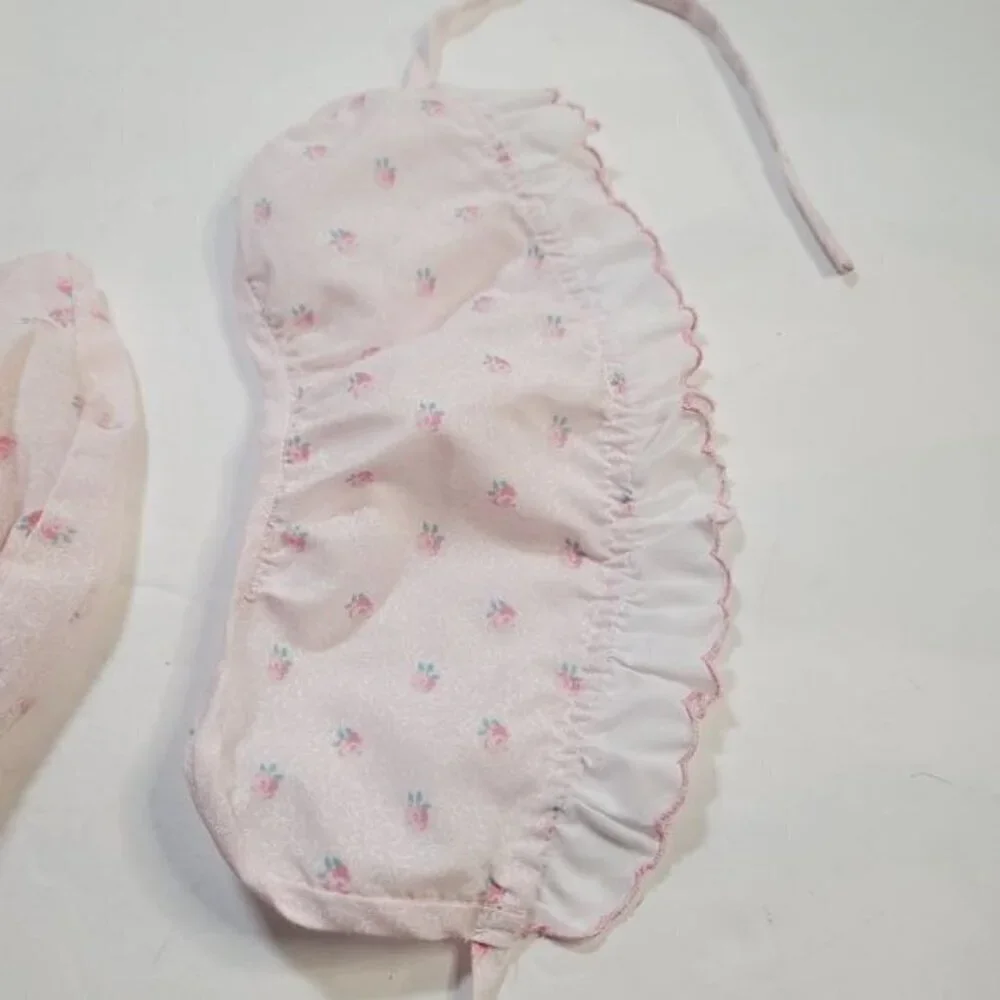 Vintage 90s Mayfair Pastel Pink Tulip Embroidery Baby Romper and Bonnet